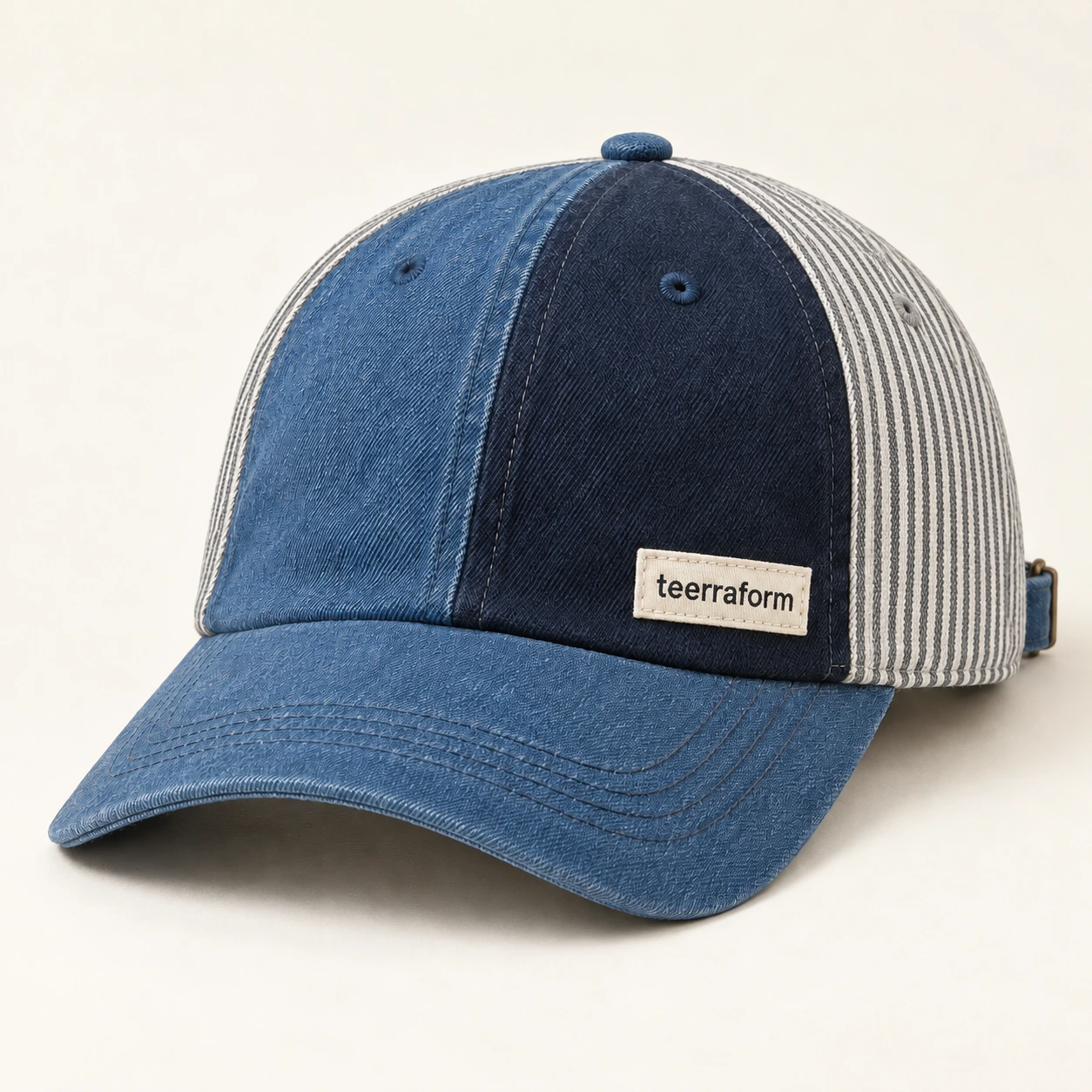 Railroad Blue patchwork cap in medium blue, navy, grey-white stripes