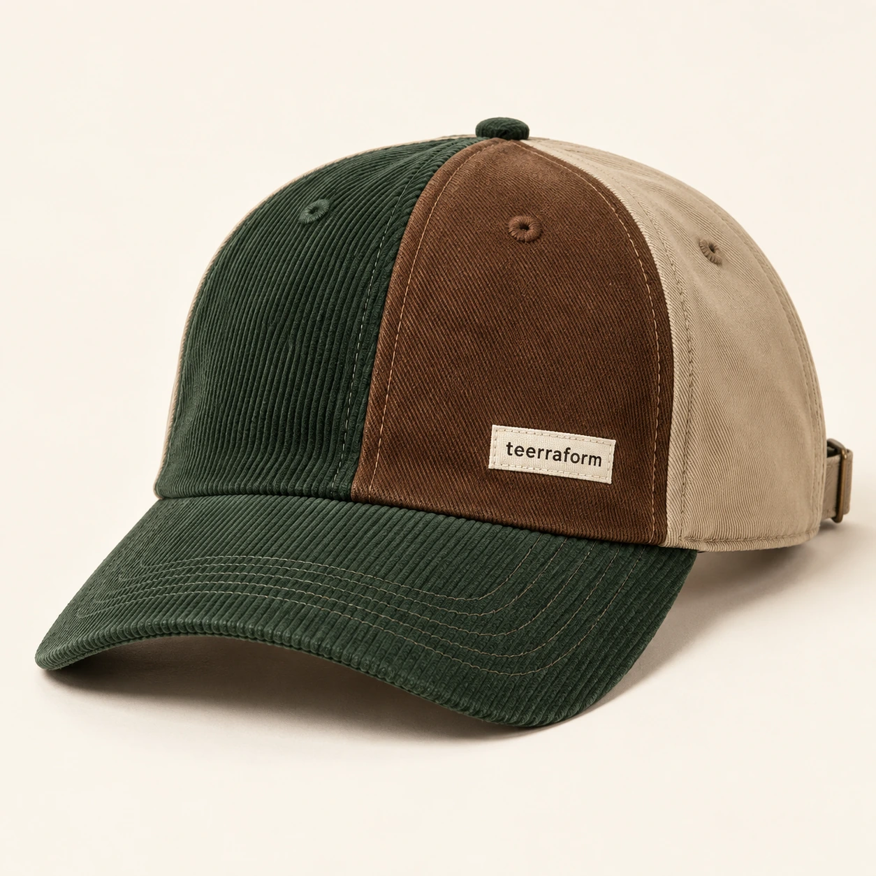 Pine Cabin patchwork cap in pine green, brown, sand